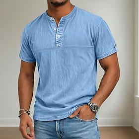 Men's Henley Shirt 100% Cotton Acid Wash Shirt Short Sleeve Henley Summer Spring Fall Plain Retro Vintage Casual Vintage Style Washed Casual Light Blue Dark Br