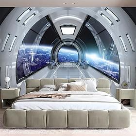 3D Spaceship Interior Wall Mural Sci Fi Spaceship Cockpit Wall Art View of Earth from Space Galaxy Futuristic Tapestry for Bedroom Gaming Room Decor
