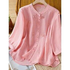 Women's Cotton Linen Shirts Embroidered Buttons Solid Color Daily Basic Casual Long Sleeve Crew Neck Regular Tops Daily Black White Pink Purple Orange Summer S