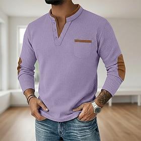 Men's Waffle Tee Waffle Henley Shirt Long Sleeve V Neck Henley Fall Spring Fall Solid Color Fashion Basic Casual Fake two piece Casual Street Sports Light Bl