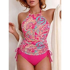 Women's Swimwear Tankini 2 Piece Cheeky Swimsuit Drawstring Vacation Beach Wear Floral Graphic Halter Neck Sleeveless Bathing Suits