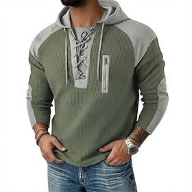 Men's Waffle T-shirt T Shirt Waffle Henley Shirt Long Sleeve Hooded Lace Up Neck Fall Fall  Winter Solid Color Textured Traditional / Vintage Hoodie Drawstring