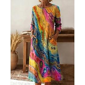 Women's Midi Dress Sheath Dress T Shirt Dress Tee Dress Vacation Casual Boho Holiday Date Regular Fit Graphic Geometric Abstract Long Sleeve Crew Neck Yellow P