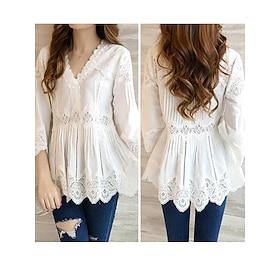 Women's Blouse Dressy Tops Lace Tops Ruched Lace Ruffle Plain Elegant Ladies Classic Long Sleeve V Neck Long Tops Daily Work Holiday White Summer Spring