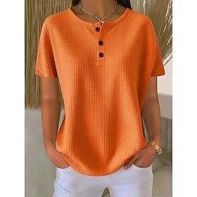 Women's Waffle Knit Tops Tunic Plain Stylish Classic Casual Short Sleeve Crew Neck Regular Tops Daily Buttons Black White Yellow Red Orange Summer Spring