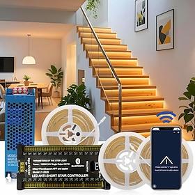 Bluetooth APP Intelligent Motion Triggered LED Stair Lighting Kit 12-32PCS 4.1ft Cuttable COB LED Strip Light for Indoor LED Stair Lights Equipped with Switch