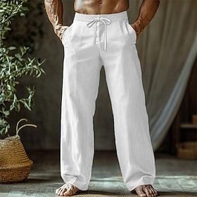 Men's Linen Pants Trousers Summer Pants Baggy Pants Beach Pants Drawstring Elastic Waist Straight Leg Plain Comfort Breathable Full Length Casual Daily Holiday