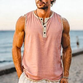 Men Tank Top Vest Top Undershirt Sleeveless Shirt Sleeveless Henley Summer Plain Fashion Designer Basic Buttons Casual Vacation Street Black Pink Navy Blue Top