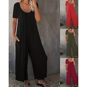 Women's Jumpsuit Active Solid Color Short Sleeve Wide Leg Crew Neck Pocket Daily Vacation Loose Fit Black Wine Red Summer