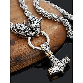 Men's Viking Style Pendant Necklace, Alloy Material with Wolf Head and Thor's Hammer Design, Unique Nordic Jewelry for Casual and Party Wear