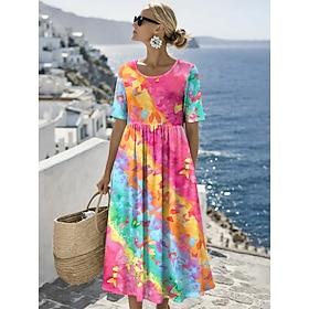 Women's Midi Dress Shift Dress Vacation Casual Holiday Loose Fit Ombre Graphic Butterfly Short Sleeve Crew Neck Blue Yellow Pink Purple Summer Spring