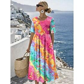 Women's Midi Dress Shift Dress Vacation Casual Holiday Loose Fit Ombre Graphic Butterfly Short Sleeve Crew Neck Blue Yellow Pink Purple Summer Spring