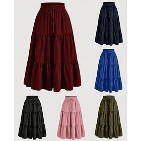 Women's Elegant Bohemia Casual Maxi Mid Rise Skirts Plain Ruched Drawstring Layered Micro-elastic Daily Street Wine Navy Black Pink Summer Polyester