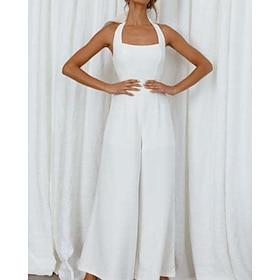 Women's Normal Jumpsuit Elegant Solid Color Sleeveless Wide Leg Halter Neck Backless Daily Vacation Loose Fit White Light Green Pink Summer