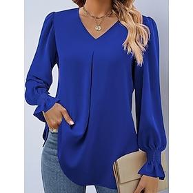 Women's Shirt Satin Shirt Blouse Plain Stylish Basic Classic Long Sleeve Bell Sleeve V Neck Regular Tops Daily Holiday Going out Blue Black Pink Orange Khaki S