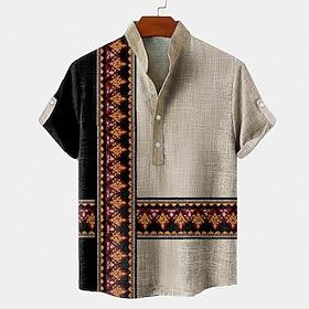 Men's Geometric Pattern Ethnic Shirt Button Down Shirt Short Sleeve Vintage Retro Holiday Casual Daily Summer Spring Standing Collar Henley Collar 3D Print Lin