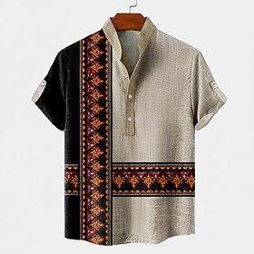Men's Geometric Pattern Ethnic Shirt Button Down Shirt Short Sleeve Vintage Retro Holiday Casual Daily Summer Spring Standing Collar Henley Collar 3D Print Lin