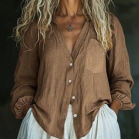 Women's Linen Shirt Summer Shirt Button Up Shirt Pocket Solid Color Plain Daily Stylish Casual Long Sleeve V Neck Regular Tops Holiday Beach Wear Resort Wear B