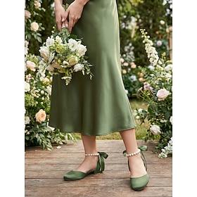Women's Sage Green Pearl Ankle Strap Flats, Elegant Bridesmaid Shoes for Outdoor Garden Weddings