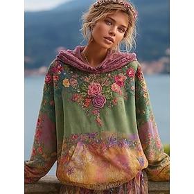 Women's 3D Print Vintage Boho Hoodie Patchwork Hoodie Sweatshirt Floral Pullover Sweatshirt Casual Long Sleeve Hooded Street Dailywear Front Pocket Grass Light