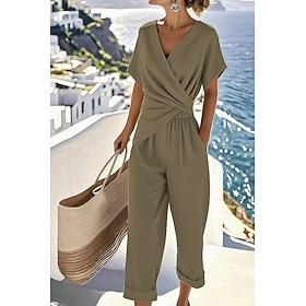 Women's Pants Sets Bolero Top Short Sleeve V Neck Solid Color Ruched Fashion Streetwear Casual Daily Outdoor Blue Khaki Beige Summer Regular Fit