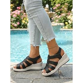 Women's Black Wedge Heel Comfort Sandals – Supportive Casual Platform Shoes for Shopping, Travel  Everyday Wear