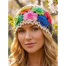 Women's Crocheted Flower Hat, Available in Multiple Colors, Knitted Material, Perfect for Spring and Summer Casual Wear