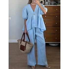 Women's Pants Sets Bolero Top Half Sleeve V Neck Solid Color Fashion Streetwear Casual Daily Outdoor Blue Black Yellow Summer Regular Fit