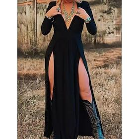 Women's Maxi Dress Black Dress Casual Dress Fashion Modern Outdoor Vacation Party Loose Fit Plain Long Sleeve V Neck Black Summer Spring