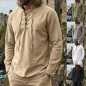 Men's Shirt Linen Shirt Viking Style Popover Shirt Summer Shirt Band Collar Shirt Plain Casual Vacation Black White Green Khaki Long Sleeve V Neck Summer Sprin