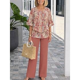 Women's Pants Sets Half Sleeve Butterfly Sleeve Round Neck Graphic Paisley Elegant Vacation Casual Daily Blue Pink Orange Spring  Summer