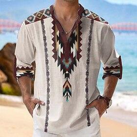 Men's Geometric Aztec Ethic / African Shirt Button Up Shirt Henley Shirt Long Sleeve Vintage Retro Tribal Casual Vacation Summer Spring Mandarin Collar Standin