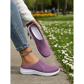 Women's Breathable Knit Slip-On Walking Shoes – Lightweight Stretch Mesh Mules for Travel, Daily Wear, Shopping and Outdoor Walking