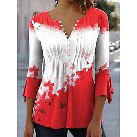 Women's T-Shirt Ombre Graphic Butterfly Elegant 3/4 Length Sleeve Crew Neck Long Tops Daily Going out Ruffle Buttons Black Red Purple Brown Spring Fall