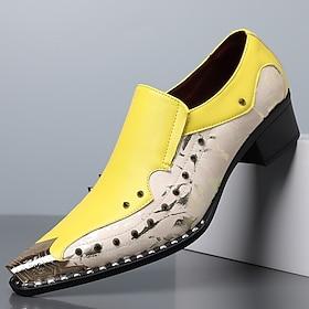Men's Faux Leather Slip-On Shoes – Yellow and Black Color with Spiked Detailing, Fashionable Footwear for Bold Wedding Celebrations and Special Occasions