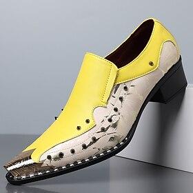 Men's Faux Leather Slip-On Shoes – Yellow and Black Color with Spiked Detailing, Fashionable Footwear for Bold Wedding Celebrations and Special Occasions