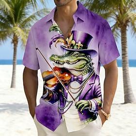 Mardi Gras Men's Crocodile Beads Mardi Gras Fleur De Lis Shirt Summer Shirt Button Up Shirt Short Sleeve Vintage Retro Holiday Summer Turndown 3D Print Linen L