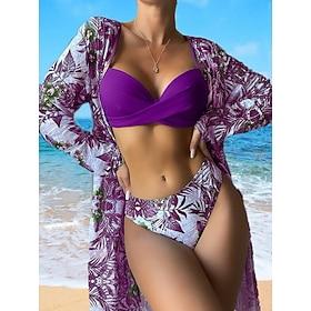 Women's Swimwear Bikini Three Piece High Waist Swimsuit Slim Backless Vacation Beach Wear Floral Tropical V Neck Sleeveless Long Sleeve Bathing Suits