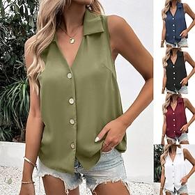 Women's Tank Top Buttons Solid Color Stylish Casual Sleeveless Shirt Collar Regular Tops Daily Black White Wine Navy Blue Green Summer Spring