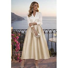 Two Piece Tea Length Cocktail Dresses Party Dresses Elegant Color Block Long Sleeve V Neck Wedding Party Wear Satin with Pleats