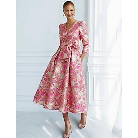 A-Line Ankle Length Cocktail Dresses Party Dresses Elegant Vintage Short Sleeve V Neck Wedding Formal Jacquard with Bow(s) Pocket