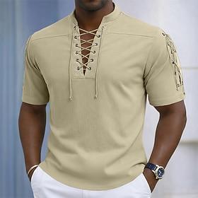 Men's Shirt Casual Shirt Button Up Shirt Blue Black White Brown Apricot Short Sleeve Solid Color Plain Grandad Collar Casual Daily Drawstring Clothing Apparel