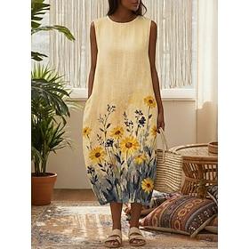 Women's Midi Dress Faux Cotton Linen Casual Dress Sundress Shift Dress Vintage Daily Outdoor Vacation Regular Fit Floral Sunflower Sleeveless Crew Neck Blue Ye