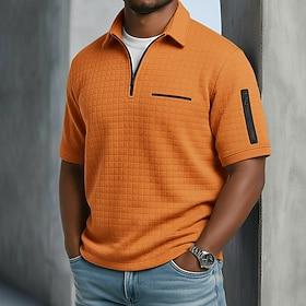 Men's Waffle Polo Shirts Quarter Zip Polo Casual Outdoor Quarter Zip Short Sleeve Fashion Modern Solid Color Knitted Spring   Fall All Seasons Regular Fit Blac