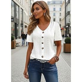 Women's Pointelle Shirt Eyelet Top Buttons Daily Short Sleeve V Neck Regular Tops Casual Daily Beach Sage Green Black White Pink Sky Blue Summer