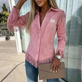 Women's Shirt Blouse Patchwork Buttons Fringe Plain Stylish Western Modern Long Sleeve Shirt Collar Regular Tops Daily Holiday Going out Pink Summer Spring