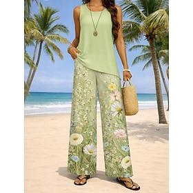 Women's Tank Top Pants Sets Sleeveless Round Neck Floral Graphic Geometric Print Fashion Daily Casual Daily Beach Blue Yellow Pink Summer Loose Fit