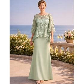 Sheath Column Floor Length Wedding Guest Dress Formal Dresses Evening Gown Mother of the Bride Dress Half Sleeve Jewel Neck Elegant Wedding Guest Satin Lace wi