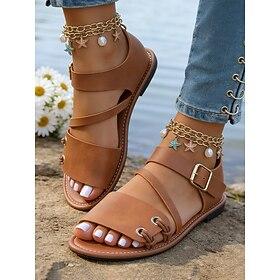 Women's Lightweight Summer Sandals - Classic Brown Ankle Strap Flat Sandals  for Ladies, Perfect for Beach Trips and Daily Outfits