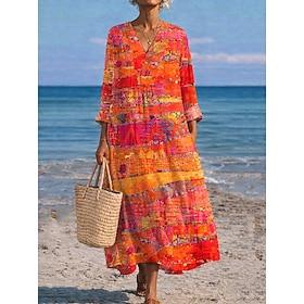 Women's Midi Dress V Neck Long Sleeve Kaftan Lightweight Loose Fit A Line Dress Casual Boho Going out Graphic Geometric Stripe Long Sleeve V Neck Orange red Bl